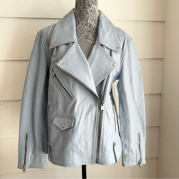 VIAVIA Genuine Leather Oversized Moto Jacket In Clear Sky Blue Size M - Picture 5 of 7